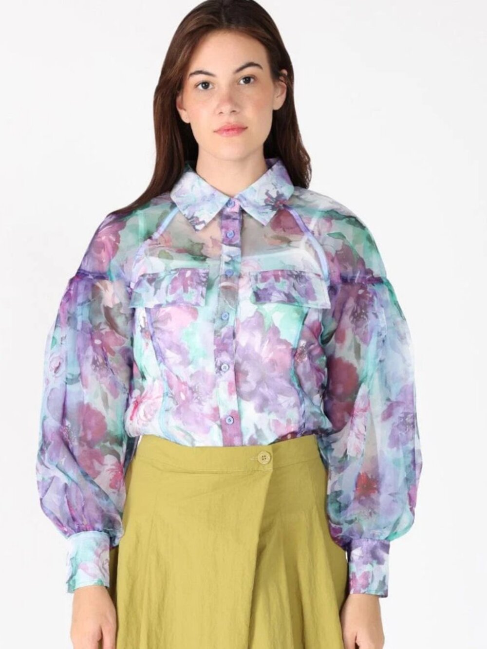 Floral print mesh puffed sleeve shirt